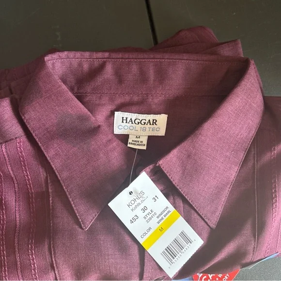 Haggar Cool 18 Tec Mens Medium Button Down Short Sleeve Wine/Burgundy NEW - Picture 11 of 11